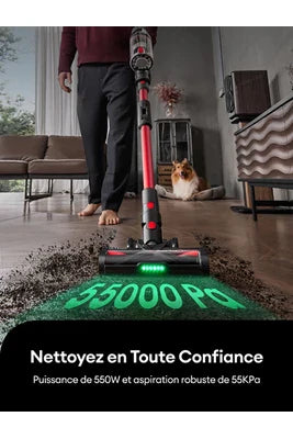 Aspirateur balai Ultenic U16 F – Aspirateur Balai sans Fil – 550W – 45Kpa – Autonomie 60 min – brosse anti-emmêlement – Écran LED – Tube flexible – Gris et Rouge