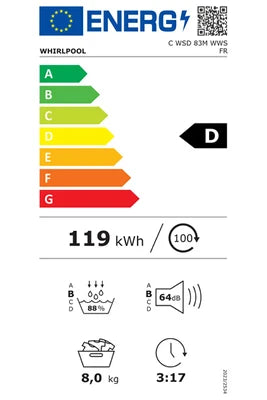 Sèche-linge pompe à chaleur Whirlpool Ppe chal.8kg.15pr.p54,5.6sens. cwsd83mwwsfr